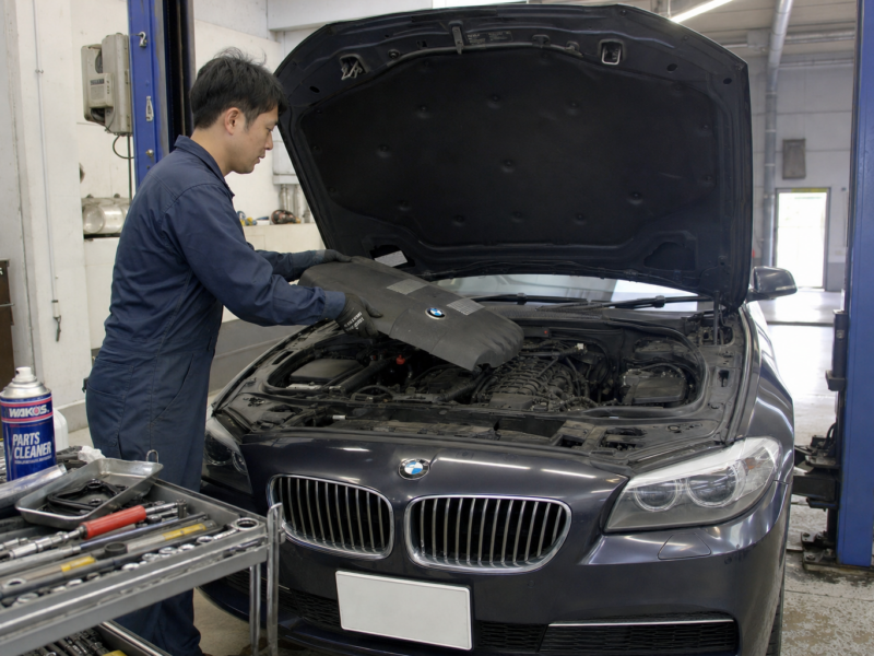BMW 5シリーズ タイミングチェーン異音 テンショナー交換準備 施工事例 ハードワーカーズ 仙台店